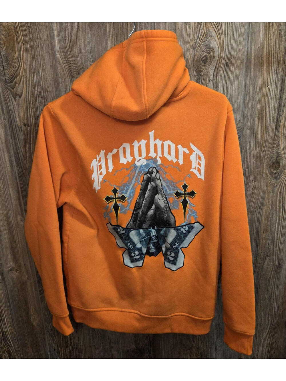 Rebel Minds "Pray Hard" Orange Pullover Hoodie Sz Lrg $2 Money Butterfly Graphic